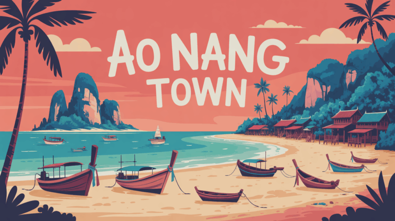 Illustration village Ao Nang town plage falaises vie locale