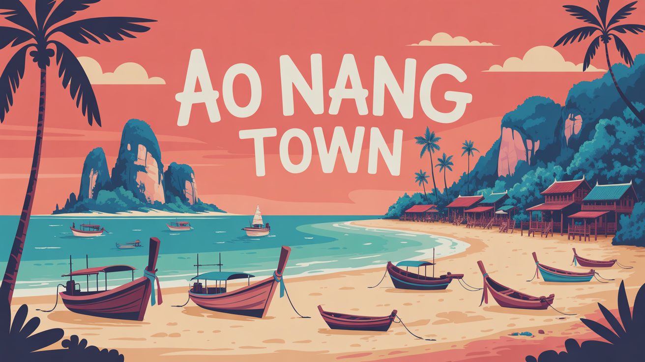 Illustration village Ao Nang town plage falaises vie locale