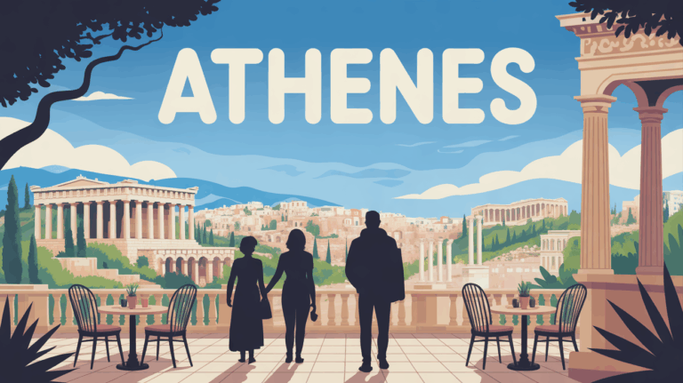 Panorama Athènes monuments antiques avec terrasse café