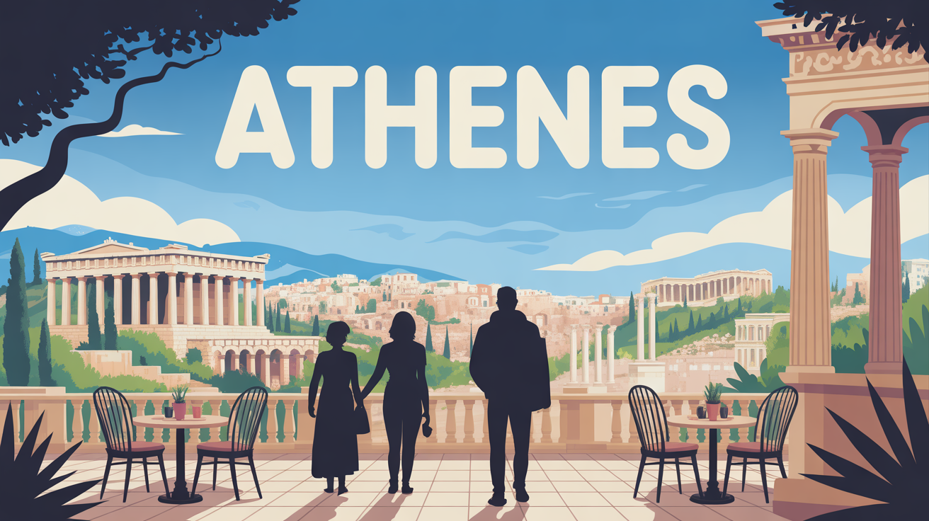 Panorama Athènes monuments antiques avec terrasse café