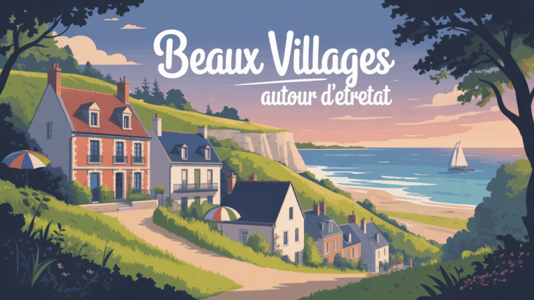 Illustration village normand falaise mer autour Etretat