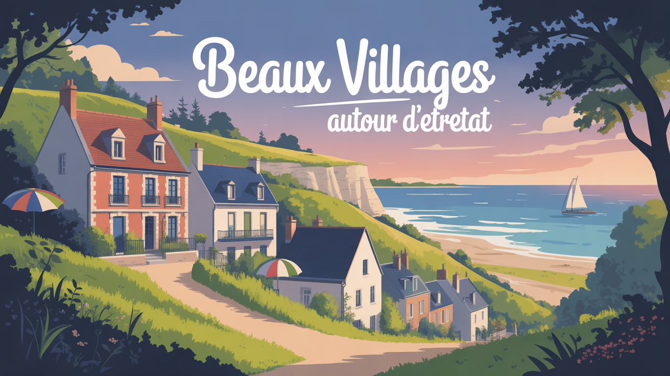 Illustration village normand falaise mer autour Etretat