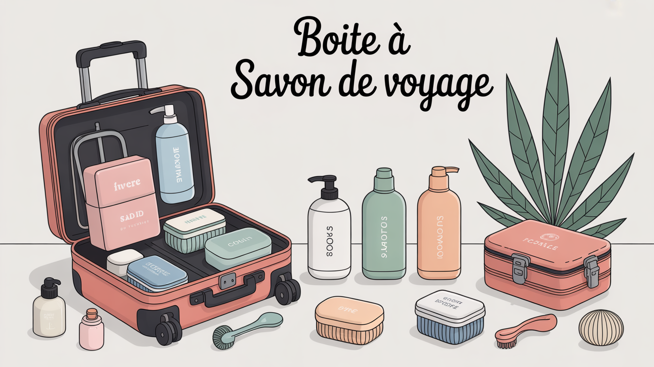 Valise ouverte avec plusieurs boites a savon de voyage design alignées
