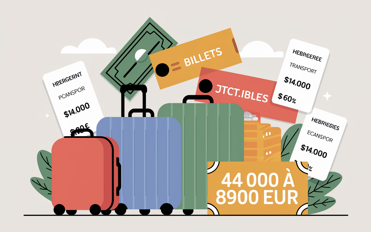 Tableau budget, billets, valises, chiffres, tour du monde en famille