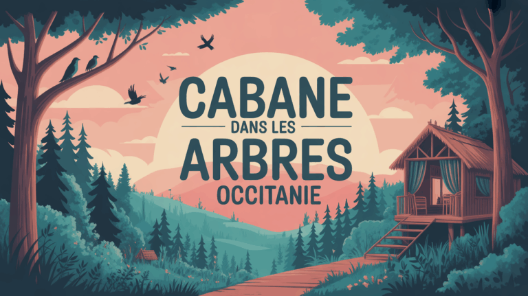 Cabane dans les arbres Occitanie illustration forêt oiseaux