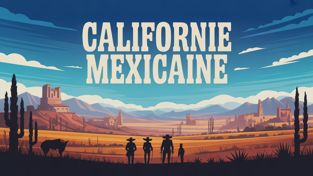 Panorama stylisé paysage Californie mexicaine mission rancho vaquero