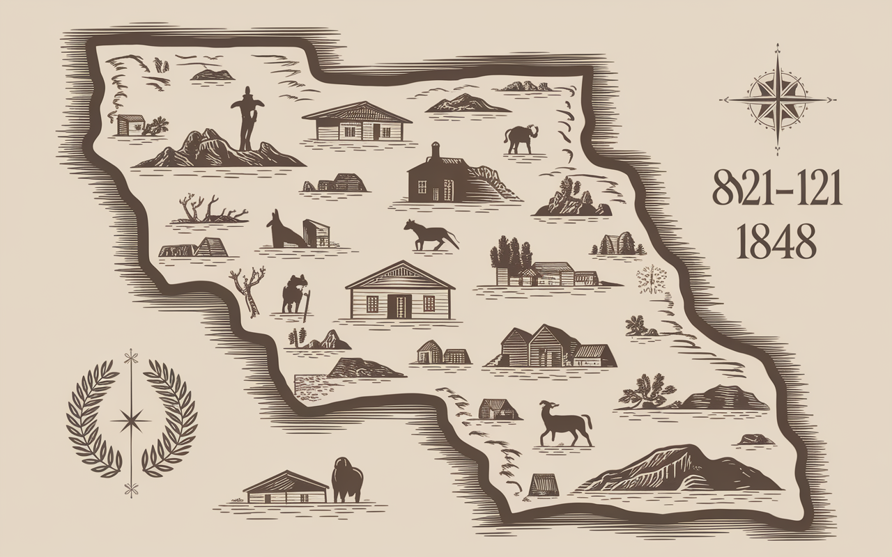 Carte stylisée Californie mexicaine missions villages 1821-1848