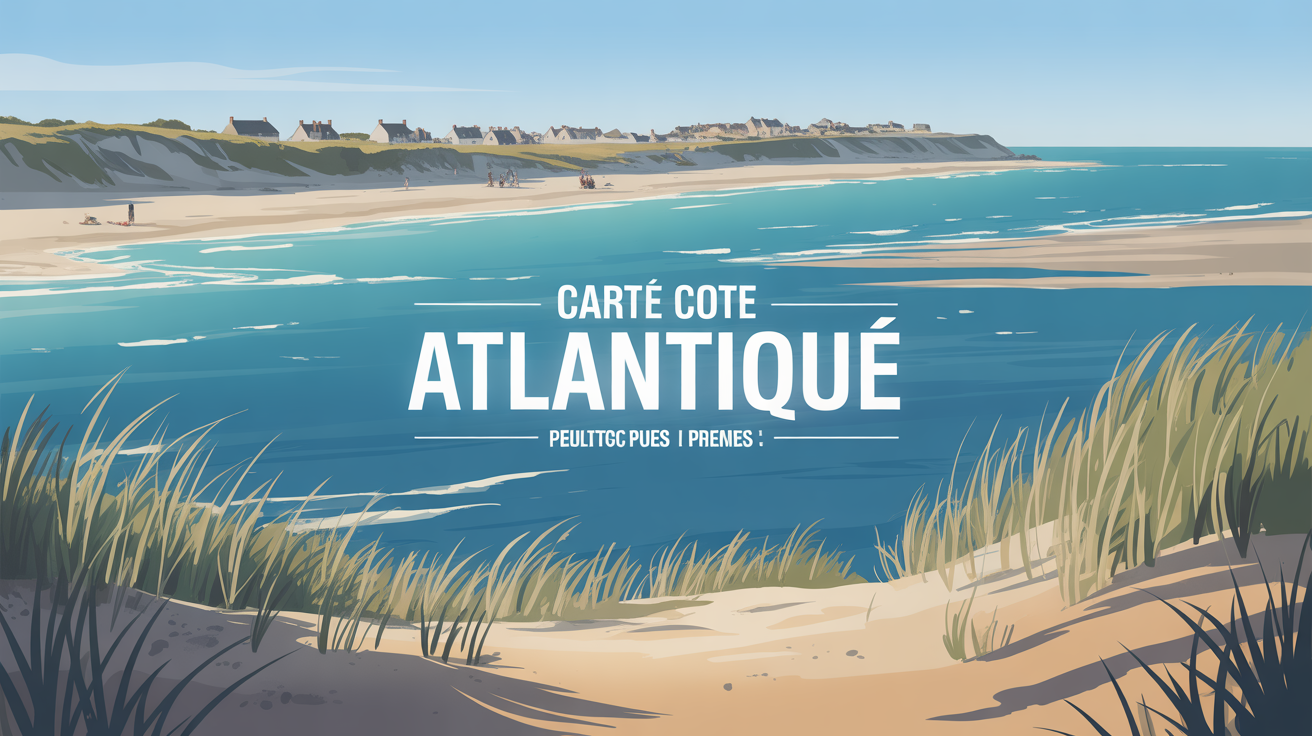 Carte stylisee de la cote atlantique francaise avec ocean dunes et villages