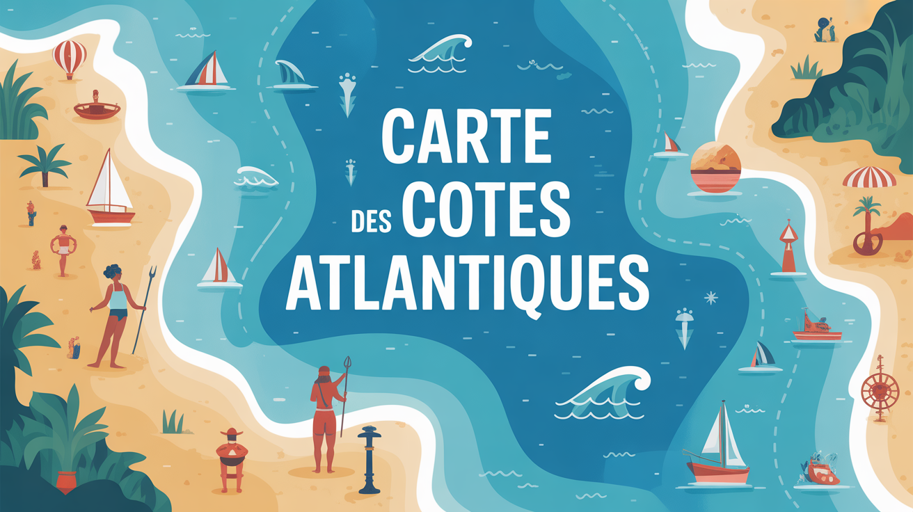 Carte des cotes atlantiques stylisee avec phares et plages