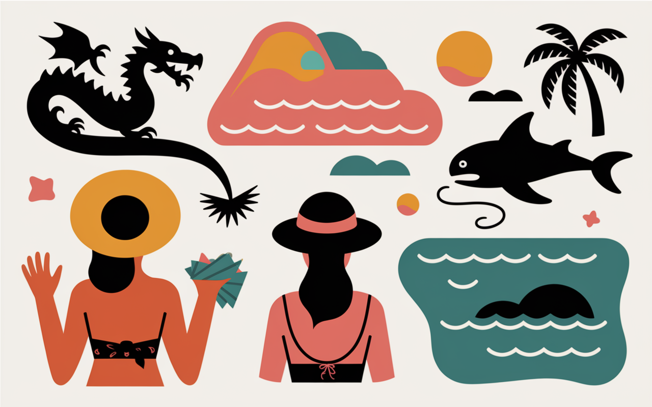 Carte stylisee croisiere Komodo escales dragon plage rose