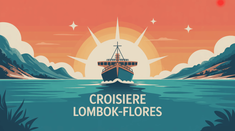Illustration bateau croisiere Lombok Flores sur mer turquoise lever de soleil