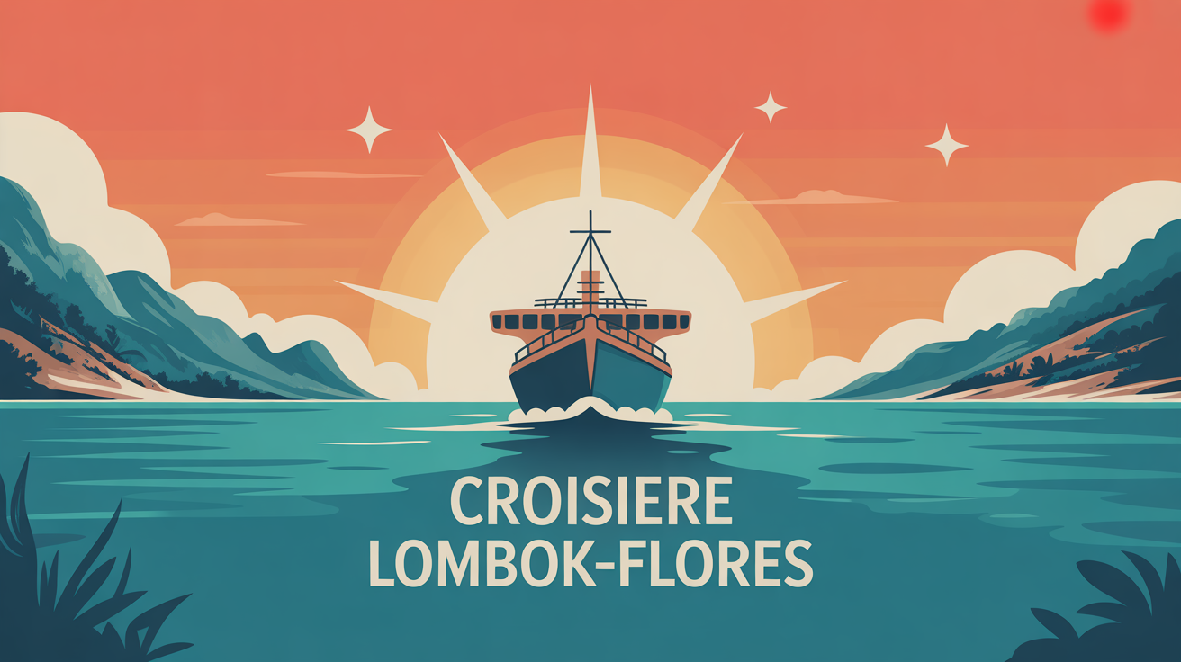 Illustration bateau croisiere Lombok Flores sur mer turquoise lever de soleil