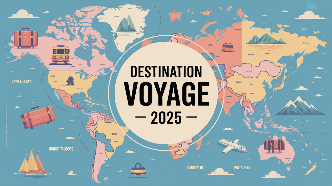 Carte inspiration voyage 2025 symboles routes monde