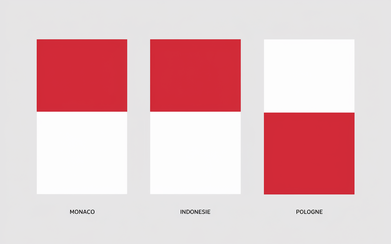 Trois drapeaux rouge et blanc en proportions Monaco Indonésie Pologne alignés