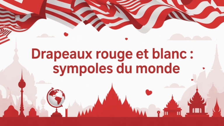 Mosaïque de drapeaux rouges et blancs stylisés sur fond blanc, texte central, globe et temples estompés