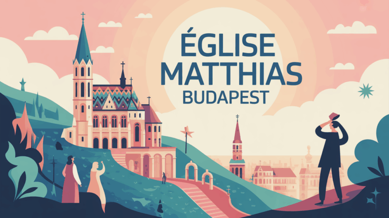 Eglise Matthias Budapest stylisée sur colline, toit multicolore, visiteurs admirant le monument