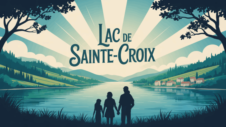 Vue d'ensemble stylisée du lac de Sainte Croix avec soleil et familles