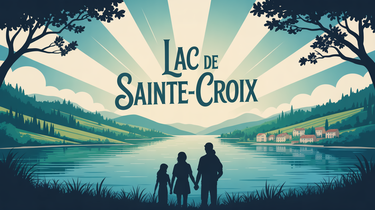 Vue d'ensemble stylisée du lac de Sainte Croix avec soleil et familles