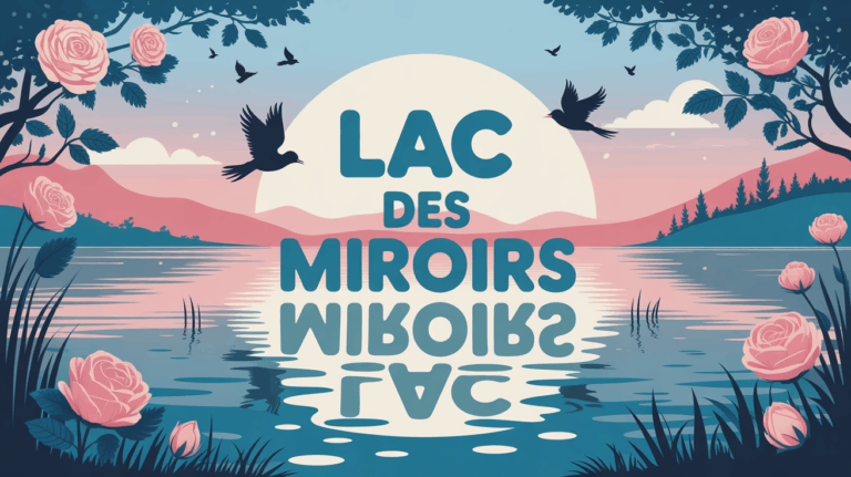 Illustration lac des Miroirs avec reflets, oiseaux, roseaux