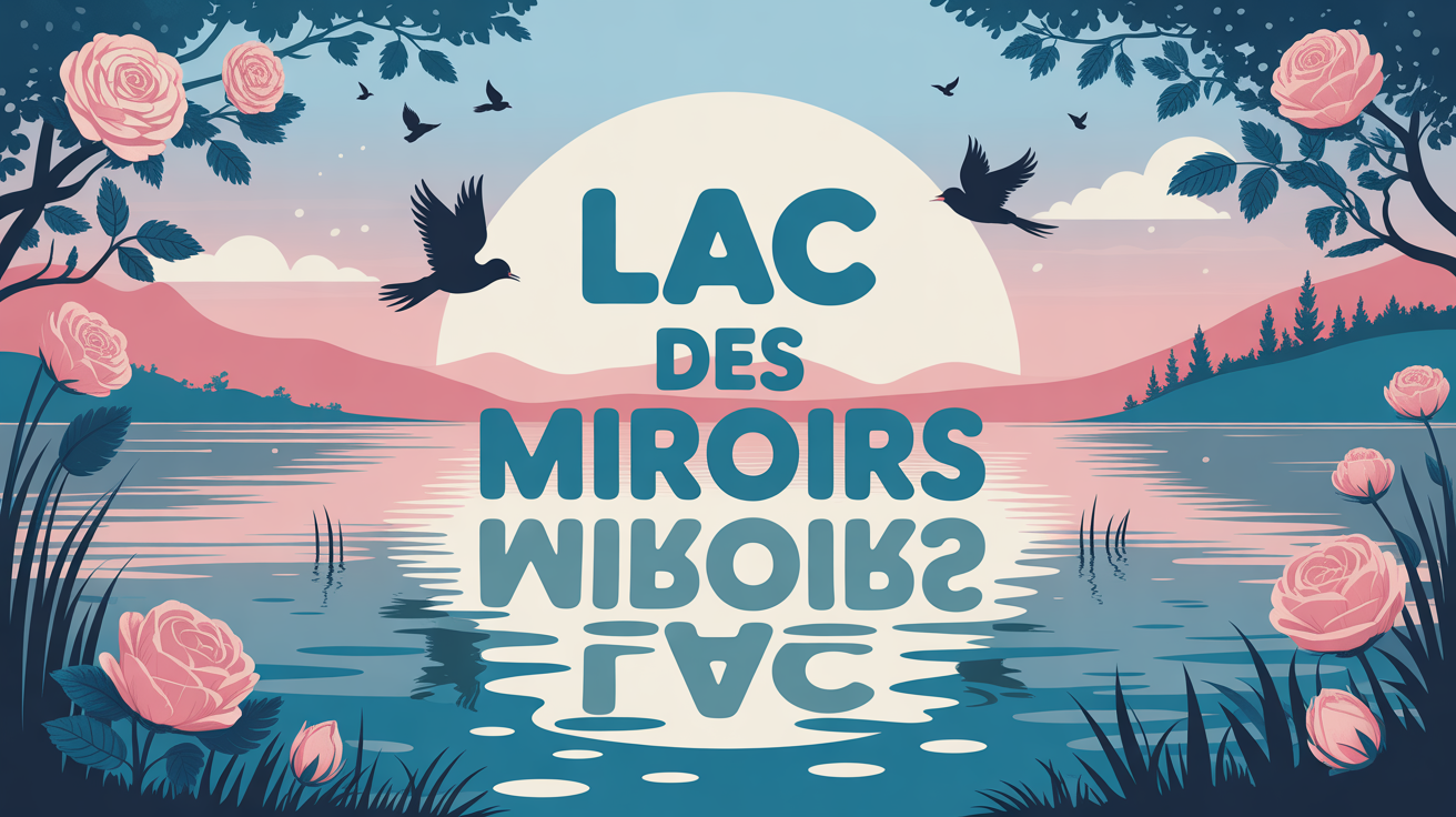 Illustration lac des Miroirs avec reflets, oiseaux, roseaux