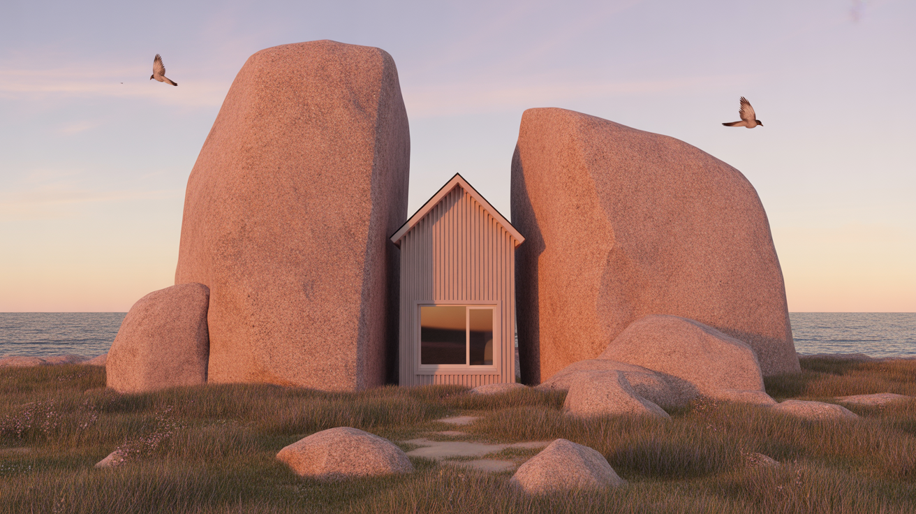 Maison entre deux rochers vue granit rose