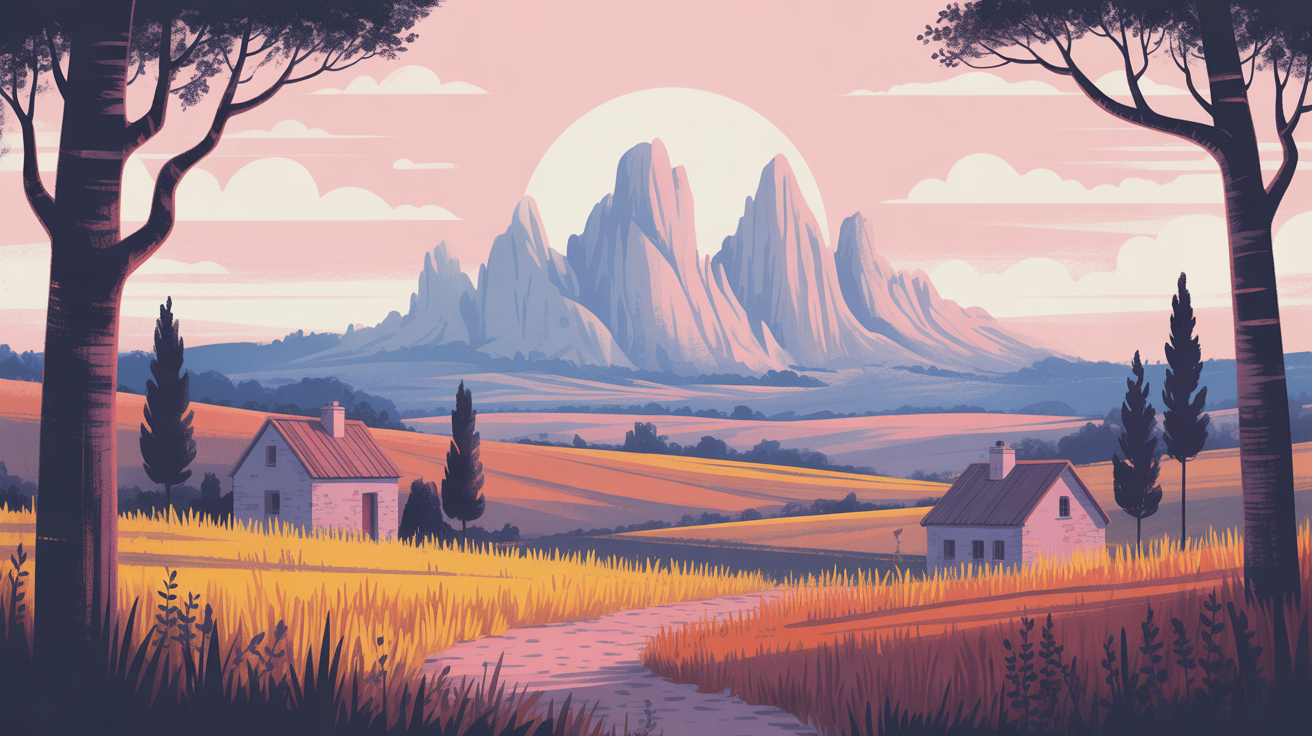 Paysage brumeux des Monts d'Arrée avec landes et maisons en pierre