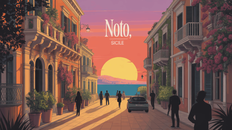 Illustration Noto ville baroque Sicile au soleil, orangers et mer
