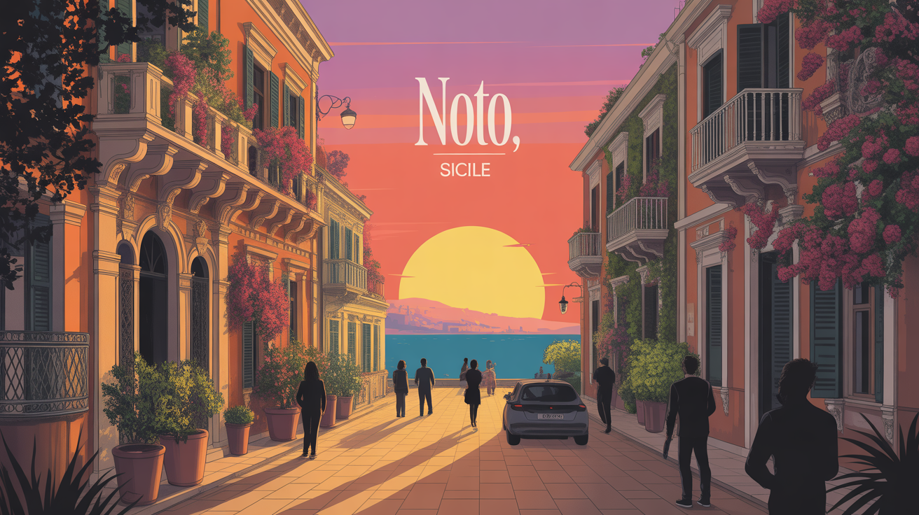 Illustration Noto ville baroque Sicile au soleil, orangers et mer