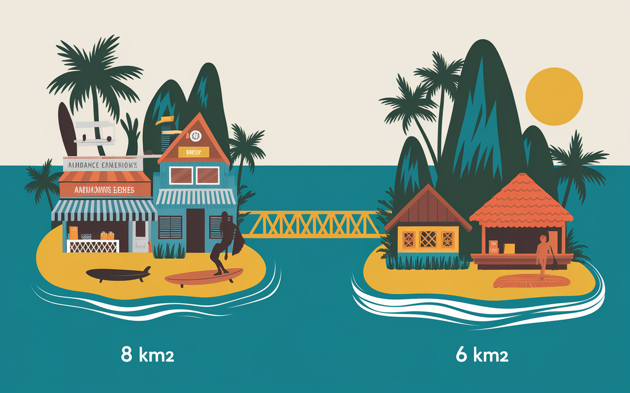 Comparatif Nusa Ceningan vs Lembongan avec pont jaune et tailles