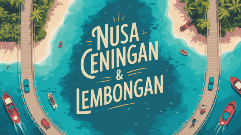 Illustration vue du ciel Nusa Ceningan et Lembongan avec pont jaune et lagon