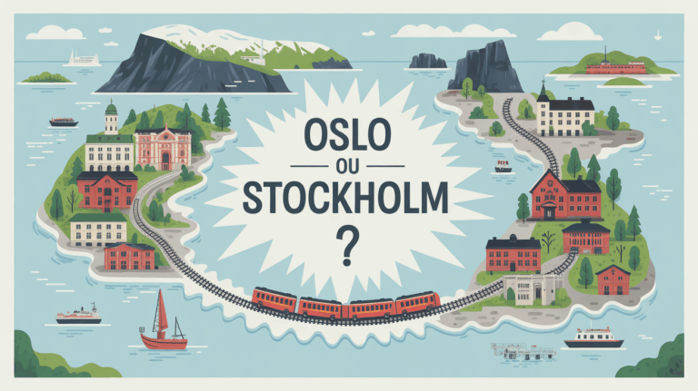 Carte stylisée des capitales Oslo et Stockholm reliées, fjords, îles et train