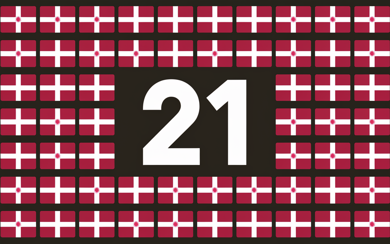 Entonnoir avec 21 petits drapeaux rouges et blancs stylisés, chiffres 21 en évidence