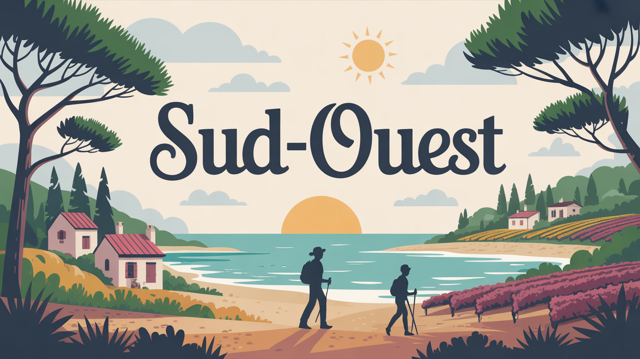Illustration de paysage Sud-Ouest France, nature, plages, vignobles