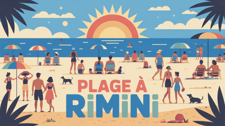 grande plage a Rimini avec familles couples chiens sous soleil