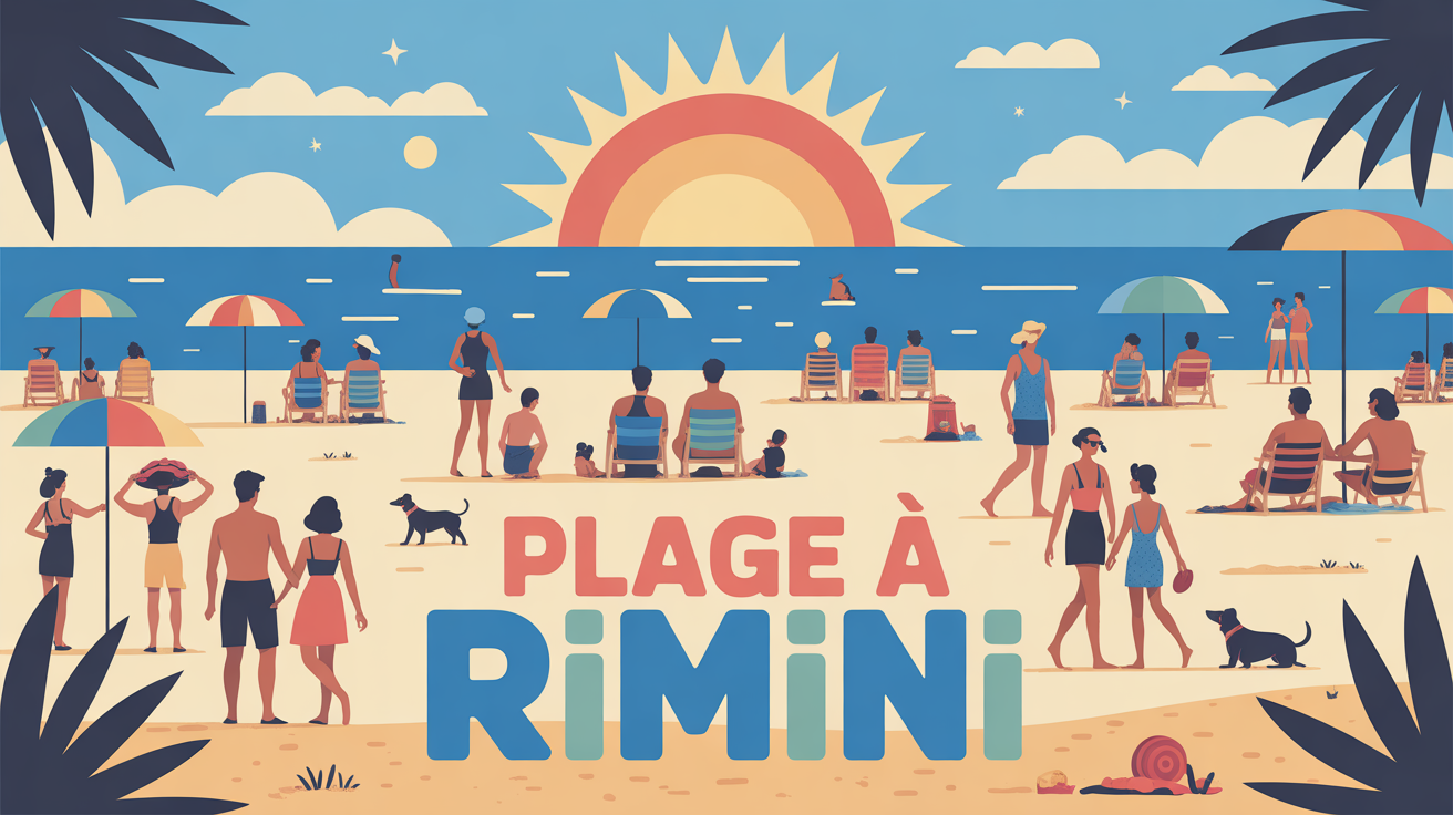 grande plage a Rimini avec familles couples chiens sous soleil