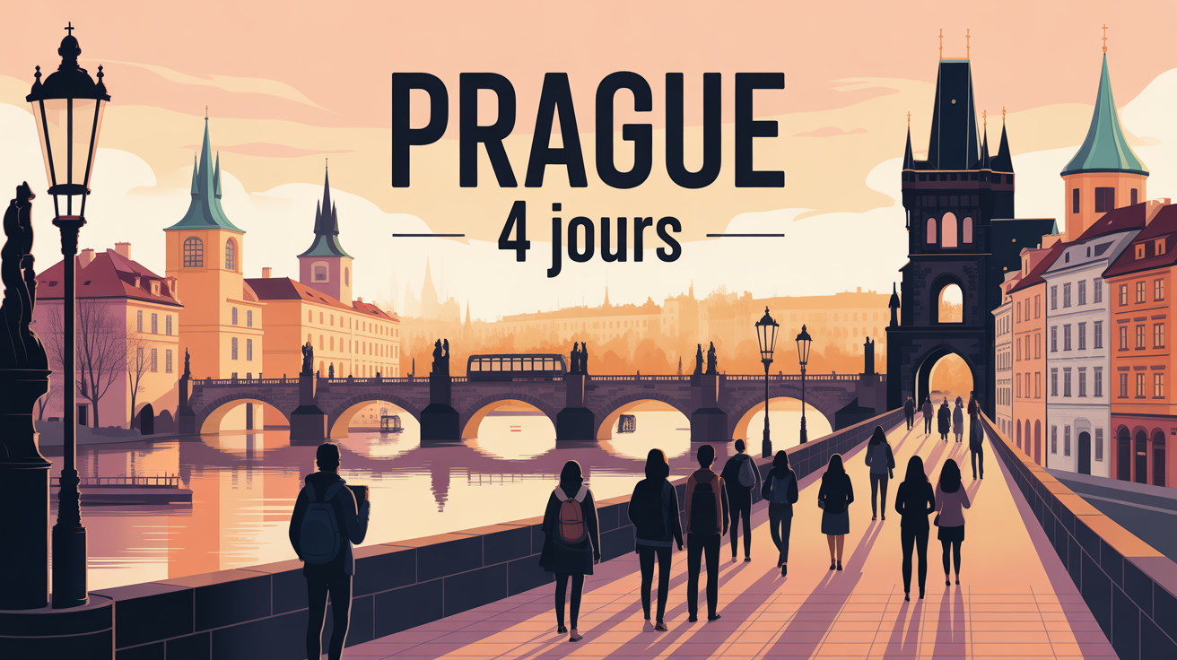 Prague 4 jours illustration aube ponts tramway clochers