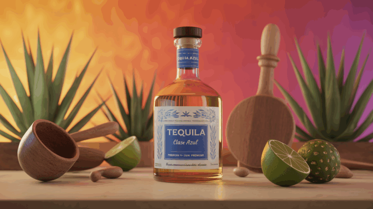 Bouteille de tequila Clase Azul premium sur fond mexicain, artisanat agave