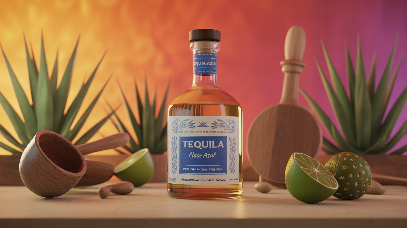 Bouteille de tequila Clase Azul premium sur fond mexicain, artisanat agave