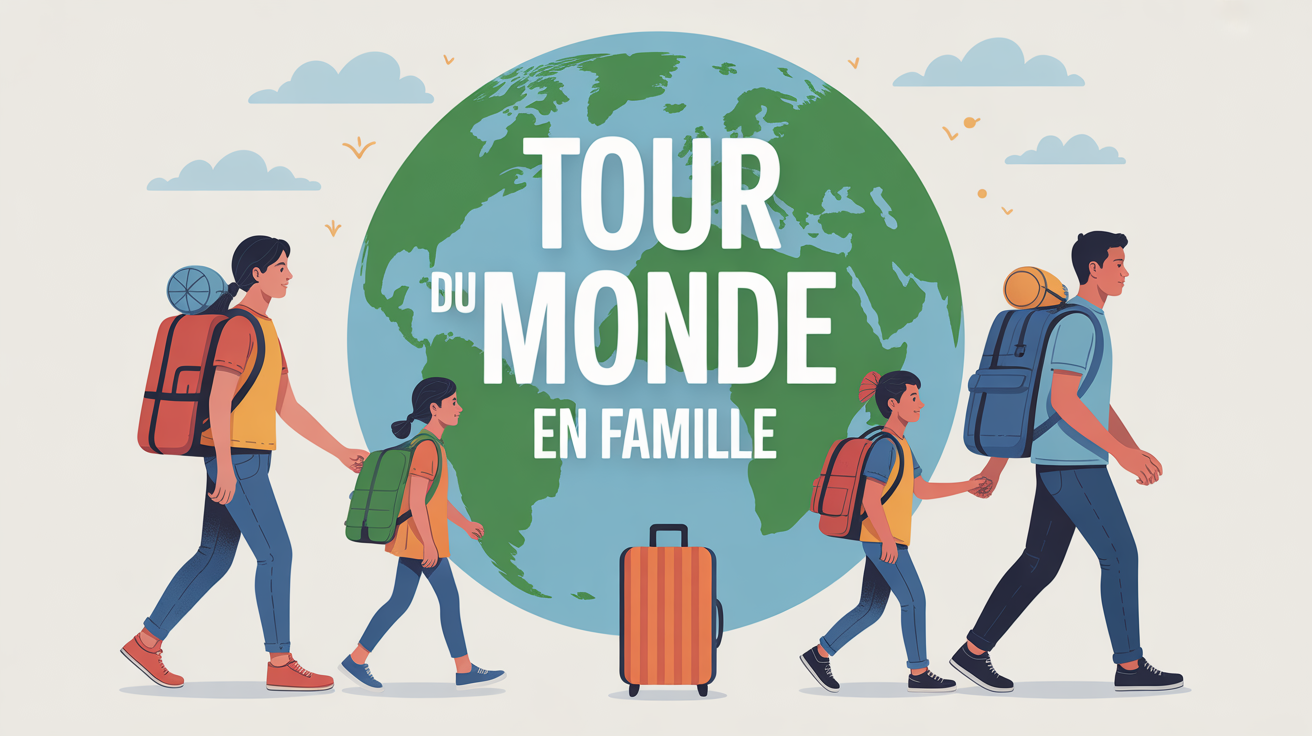 Famille sacs à dos devant le globe, tour du monde en famille