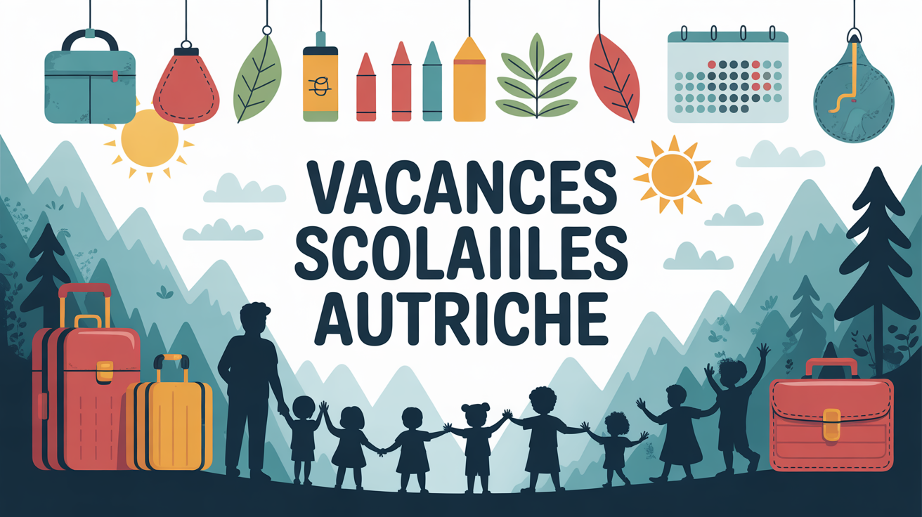 Calendrier illustré vacances scolaires Autriche fond montagnes