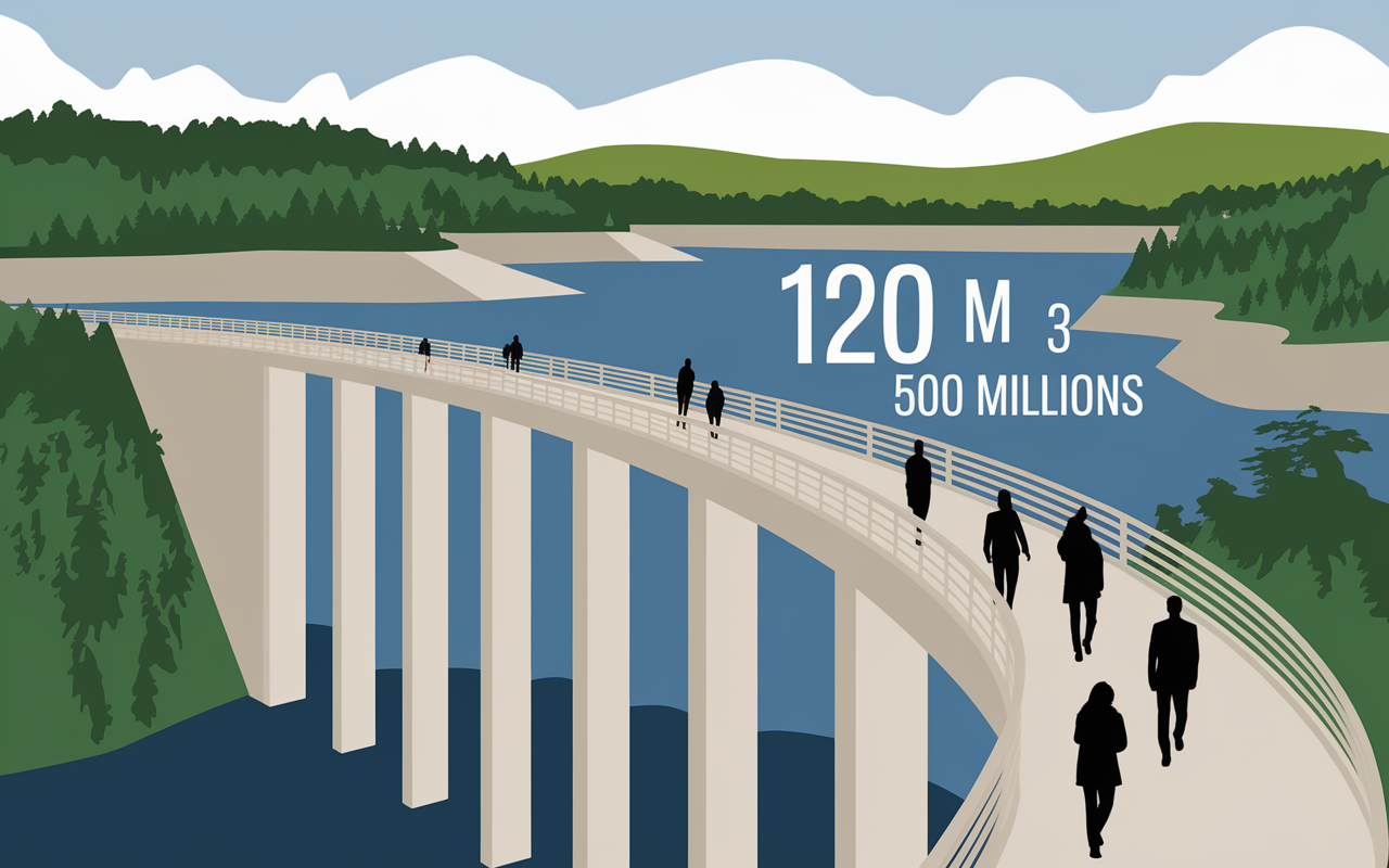 Vue barrage Bort-les-Orgues hauteur lac visiteurs