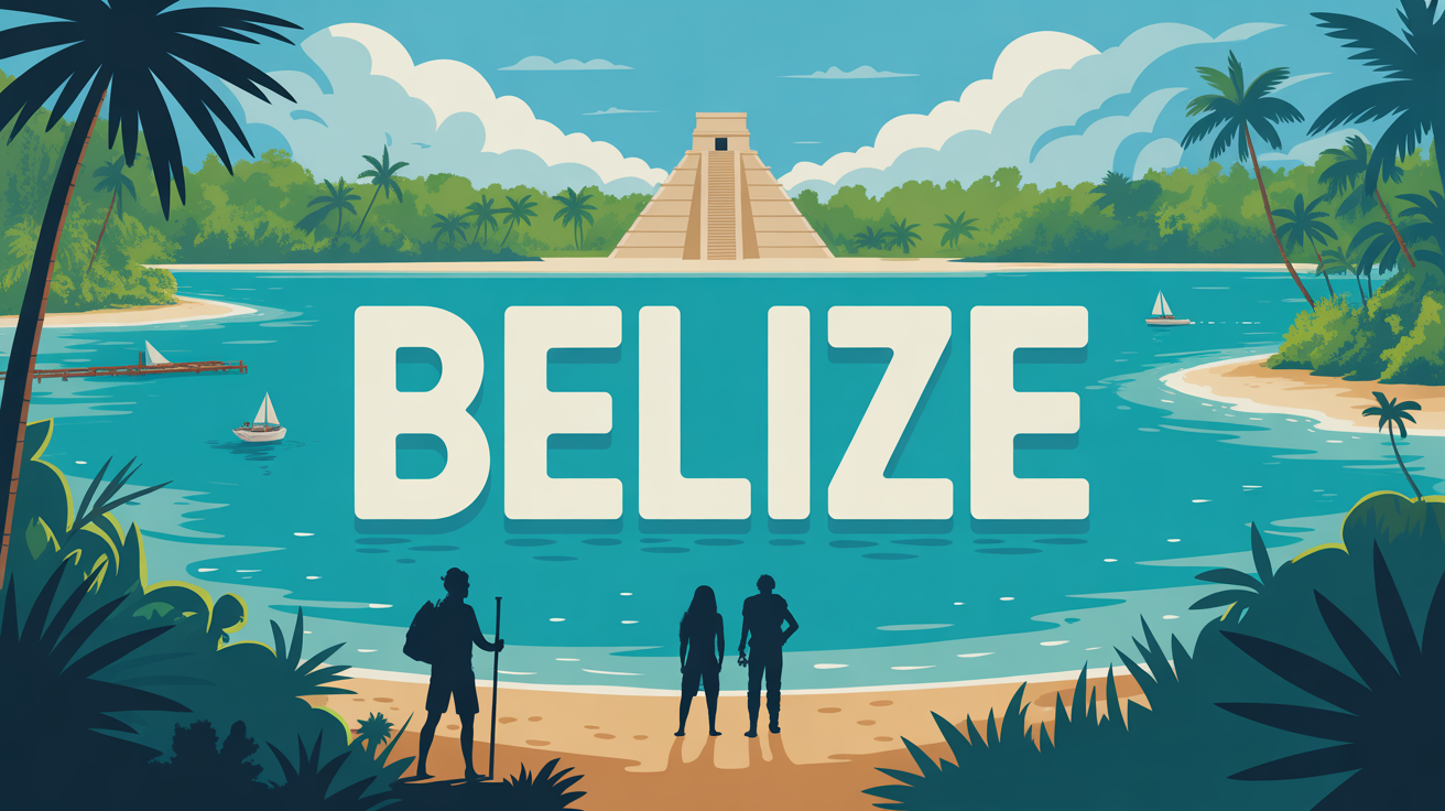 Illustration Belize lagon turquoise jungle pyramide