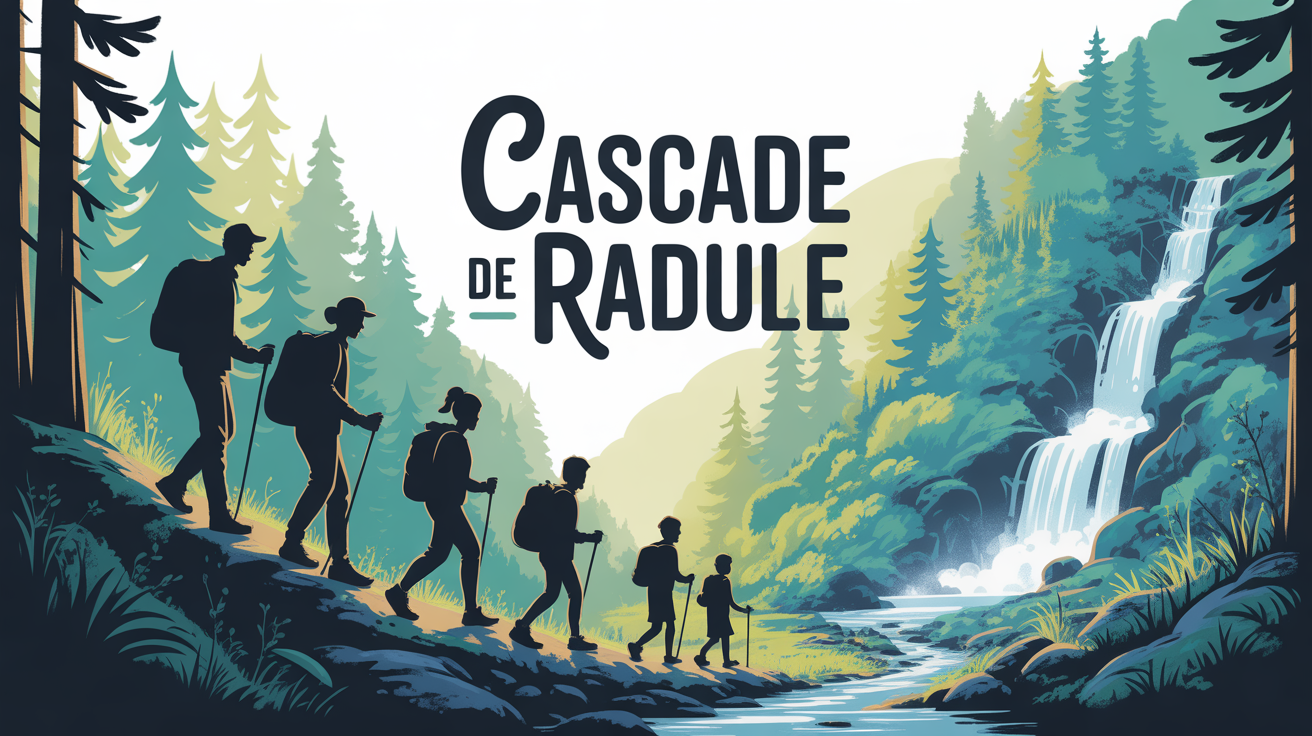 Foret de pins du sentier Cascade de Radule avec famille en randonnee