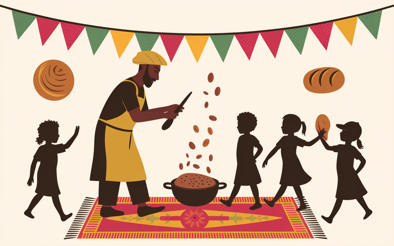 Scène de marché berbère à Tafraout avec artisanat, amlou, enfants et thé