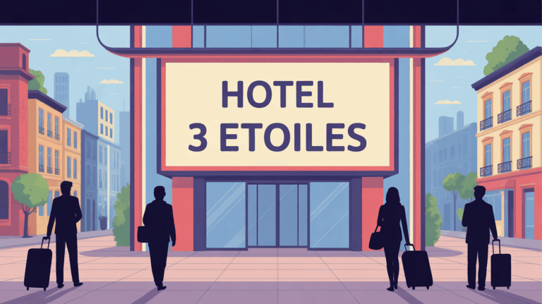Hotel 3 etoiles moderne en ville, voyageurs valises panneau lumineux