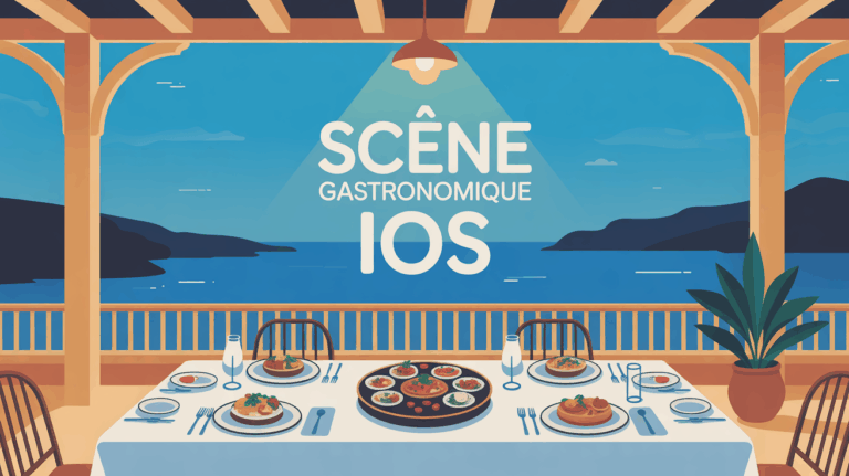 Terrasse grecque Ios avec plats typiques et vue sur mer