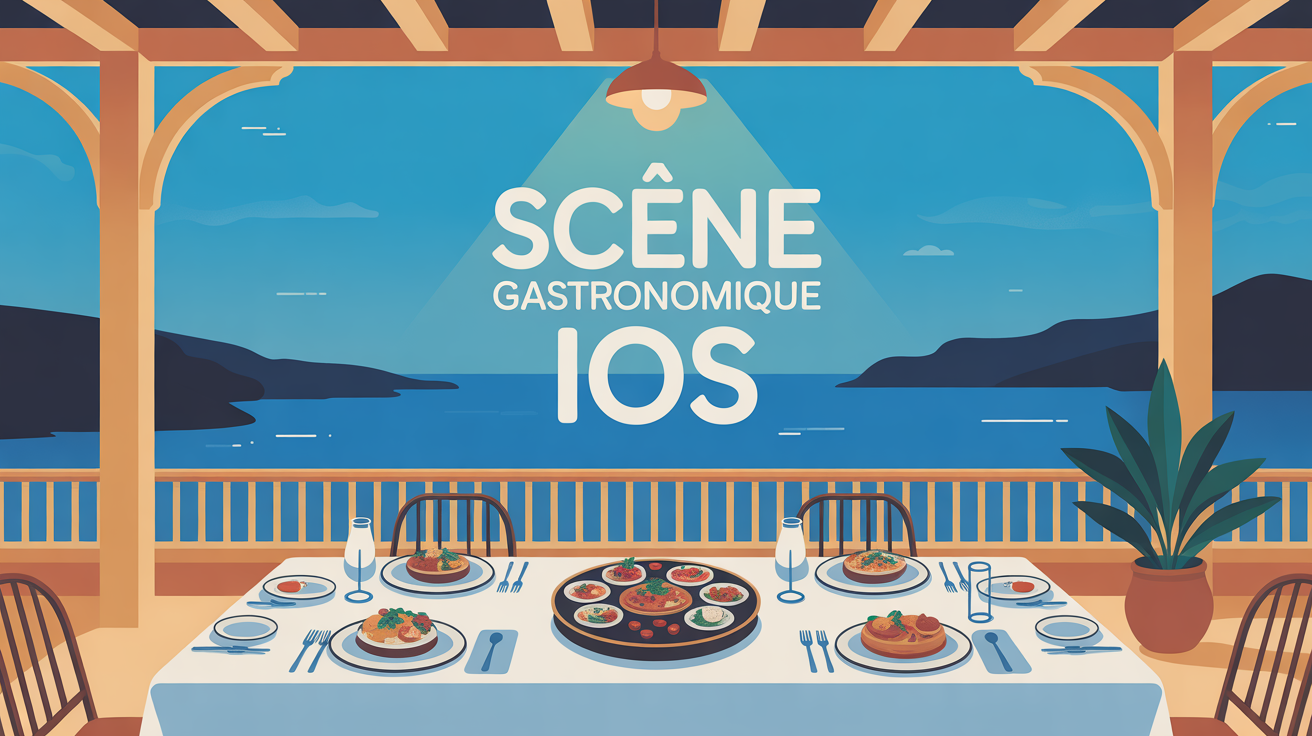 Terrasse grecque Ios avec plats typiques et vue sur mer