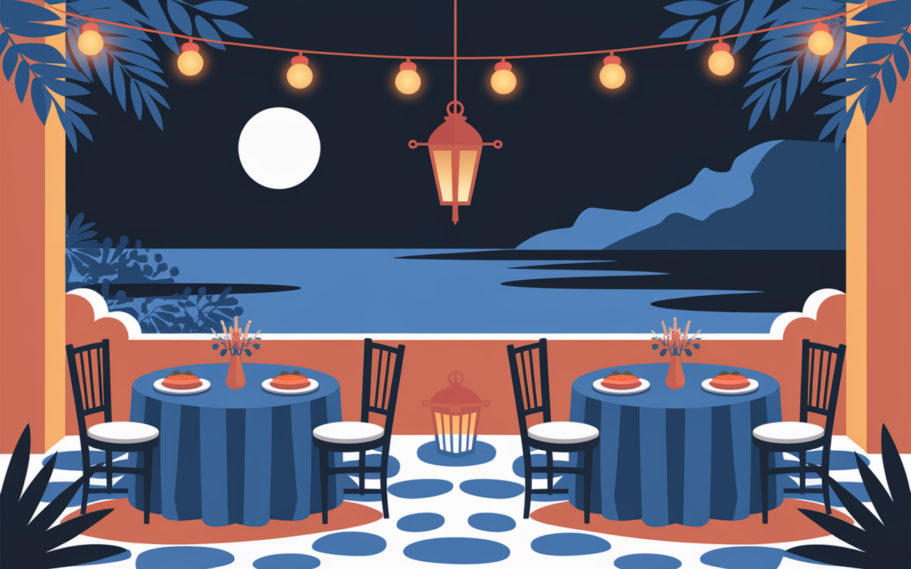Village grec Ios tables extérieures vue sur mer