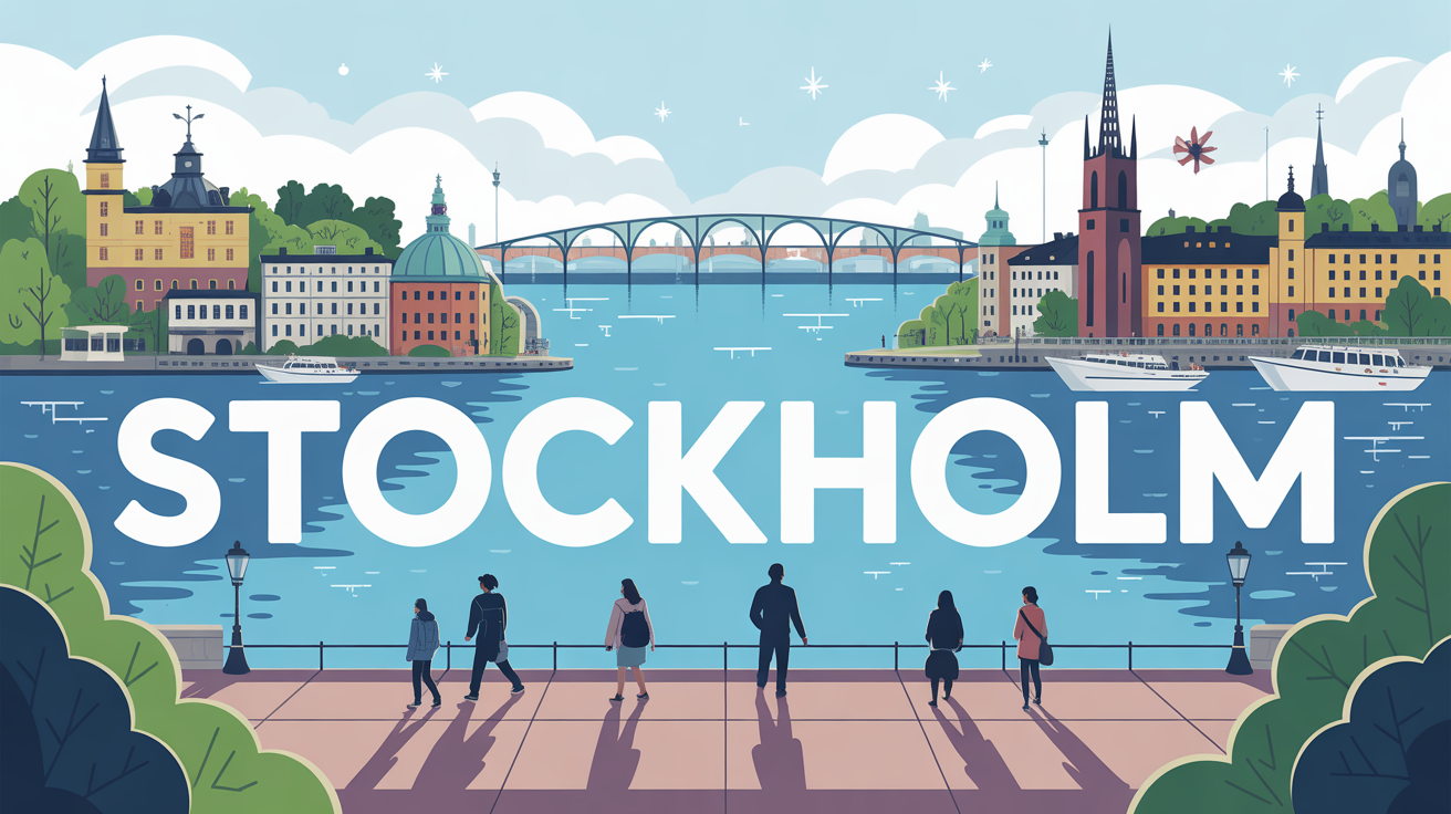 Vue stylisee Stockholm avec iles ponts et voyageurs