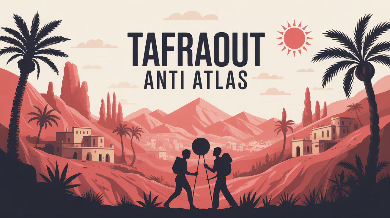 Vue stylisée du Tafraout Anti Atlas avec villages berbères, randonneurs et soleil doré